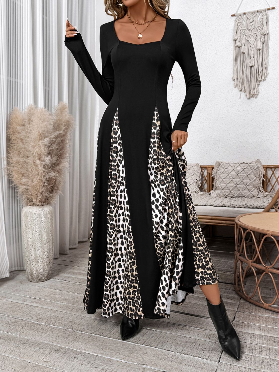 Outfit Flow - Perfee Leopard Square Neck Long Sleeve Maxi Dress