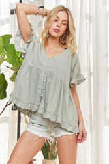 ADORA Button Down Ruffled Babydoll Blouse OutfitFlow