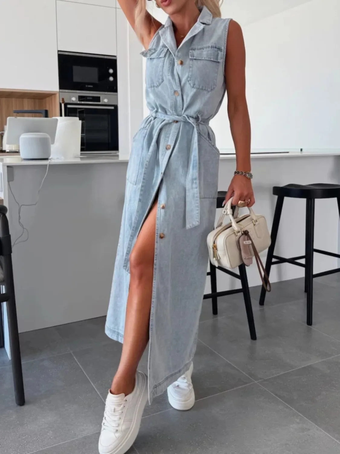 Button Front Sleeveless Denim Dress OutfitFlow