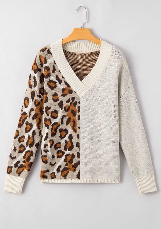 Outfit Flow - Leopard V Neck Drop Shoulder Sweater