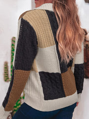 Multicolour Color Block Cable Knit Sleeve Buttons Collared Sweater OutfitFlow