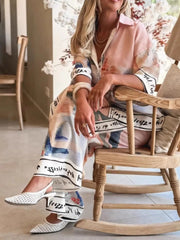 Printed Button Up Top and Pants Set OutfitFlow
