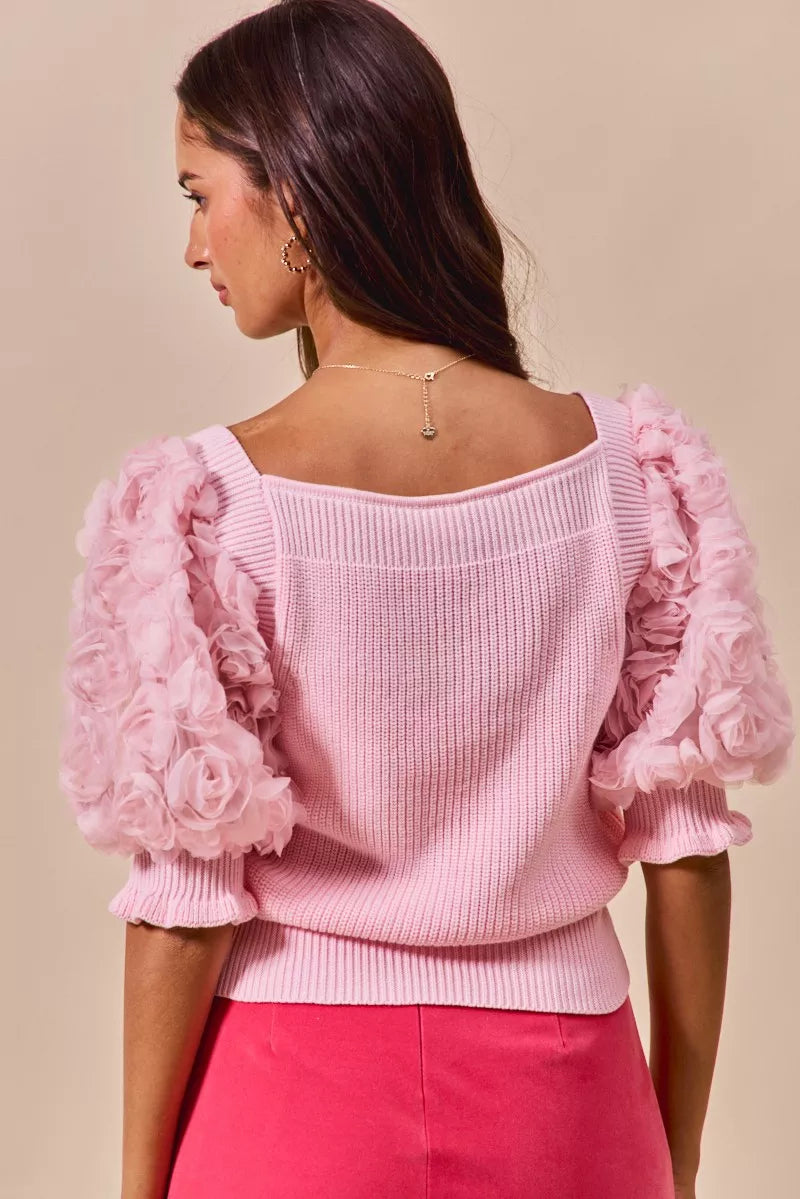 SO ME Rosette Sleeves Square Neck Sweater Knit Top OutfitFlow