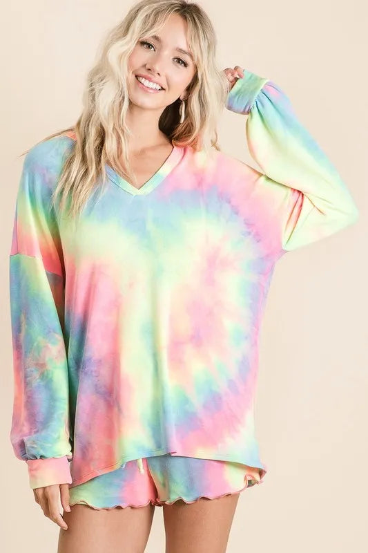 BiBi Tie Dye French Terry Top With Balloon Sleeves PASTEL TIEDYE OutfitFlow