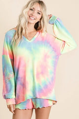 BiBi Tie Dye French Terry Top With Balloon Sleeves PASTEL TIEDYE OutfitFlow