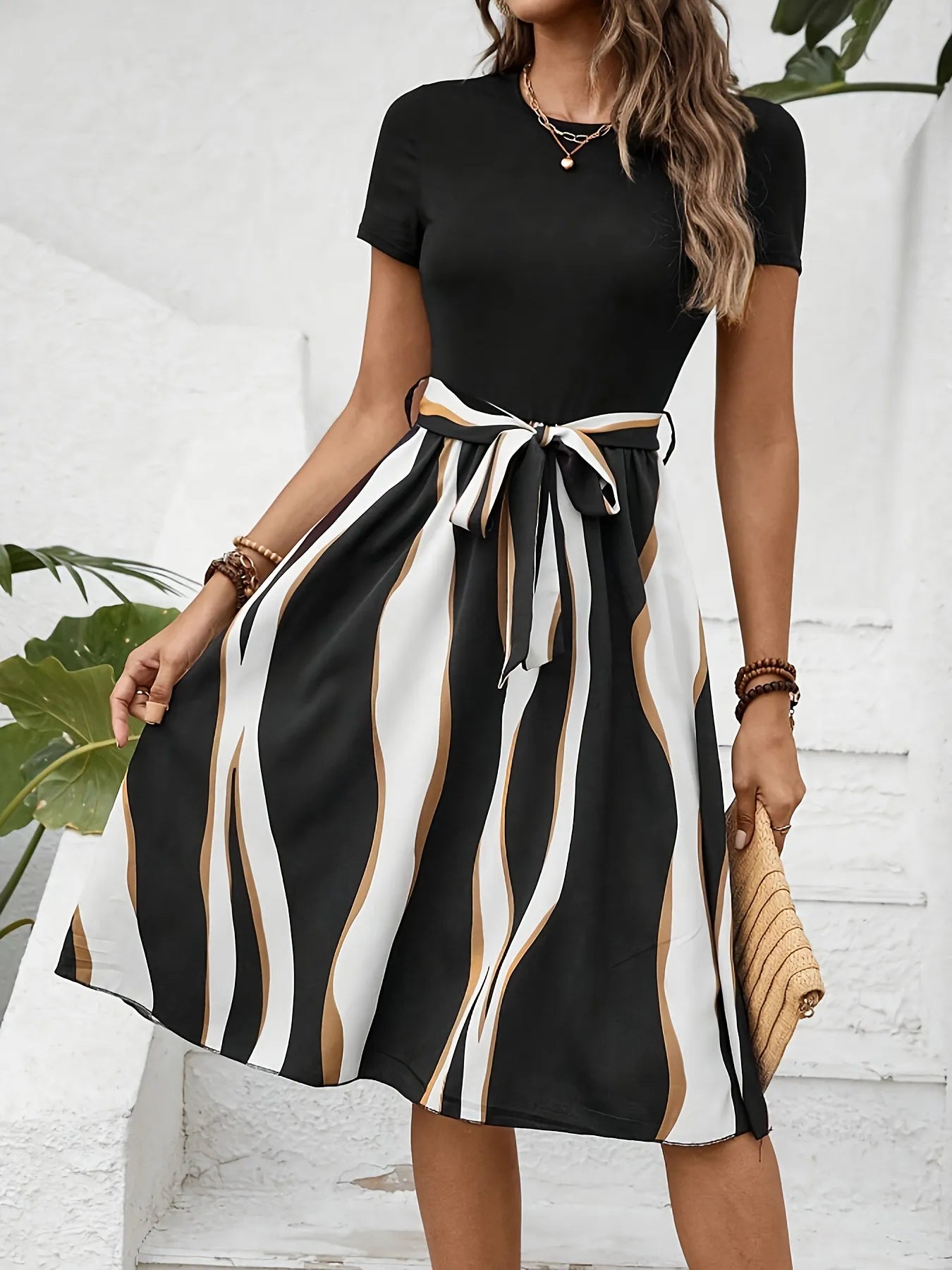 Striped Short Sleeve Tie Waist Dress OutfitFlow