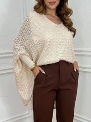 Crochet V-Neck Batwing Sleeves Oversized Sweater OutfitFlow