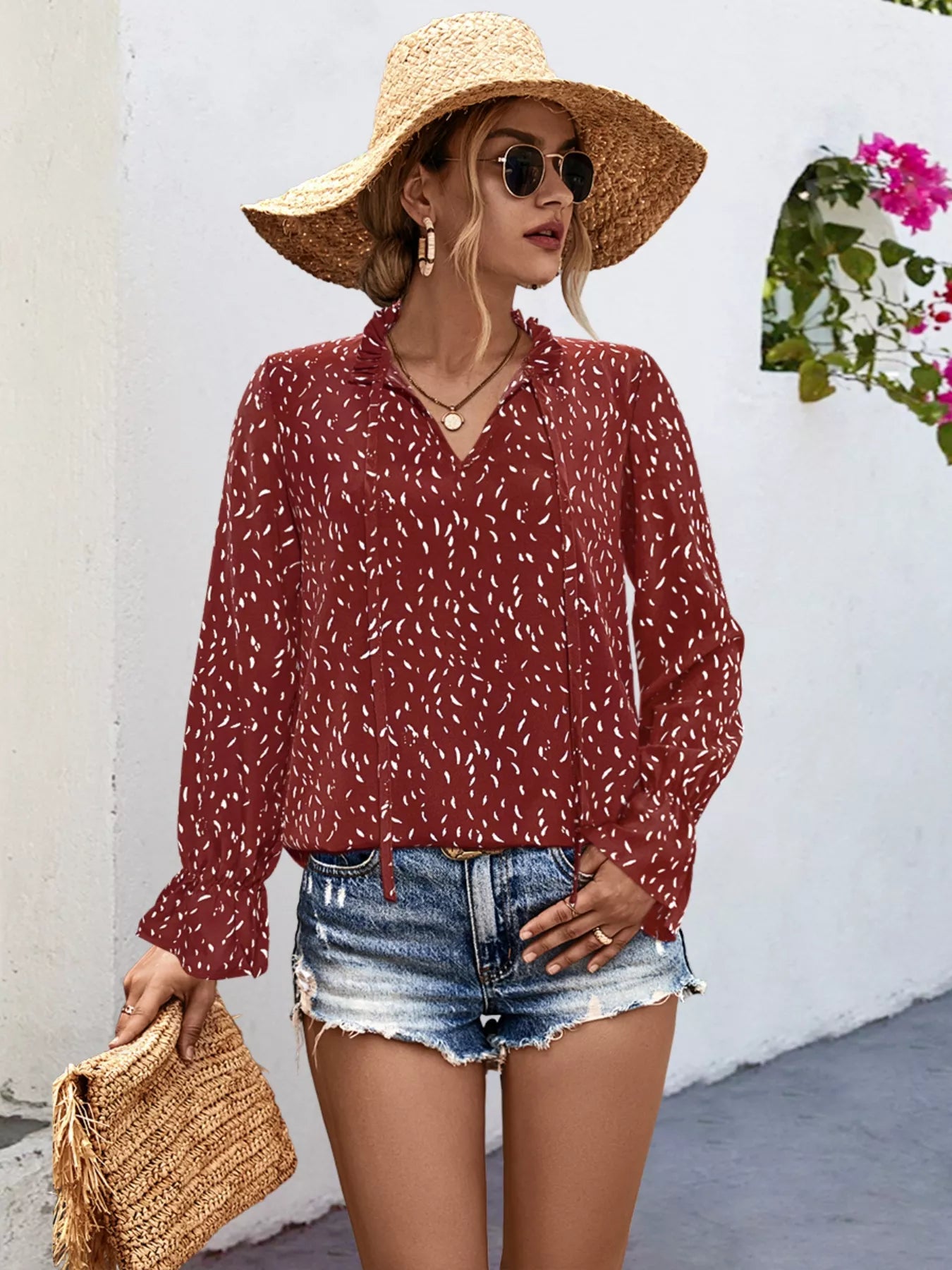 Ruffled Printed Tie Neck Long Sleeve Blouse Scarlet OutfitFlow