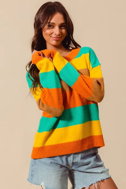 SO ME Multi Color Stripe Sweater with Ribbed Detail OutfitFlow