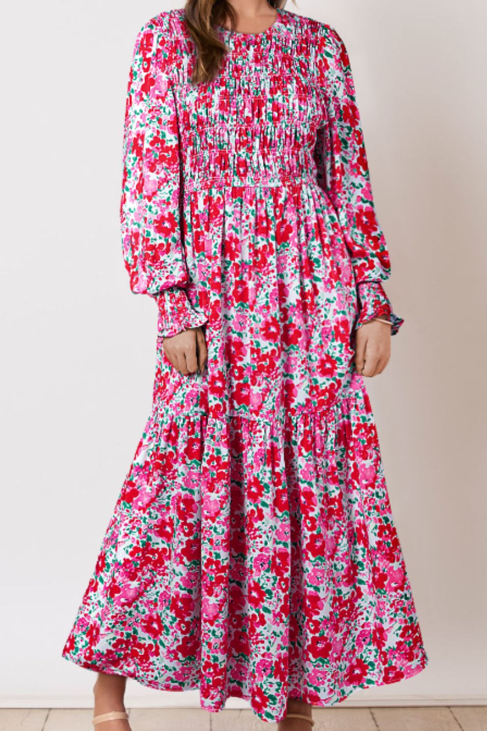 Outfit Flow - Printed Round Neck Lantern Sleeve Maxi Dress