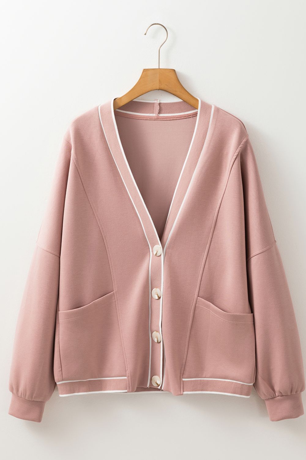 Contrast Trim V Neck Button Up Cardigan OutfitFlow