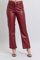 Judy Blue Full Size High Waist Tummy Control Faux Leather Straight Pants Plus Size OutfitFlow