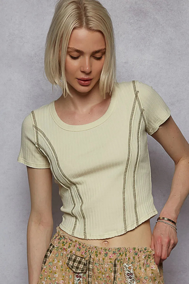 POL Contrast Stitching Round Neck Crop T-Shirt Sage OutfitFlow