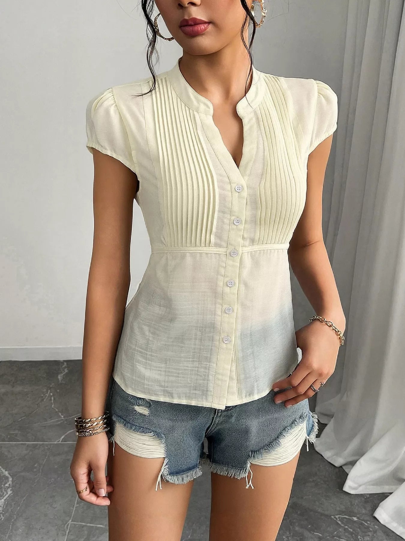 Button Up Cap Sleeve Shirt OutfitFlow
