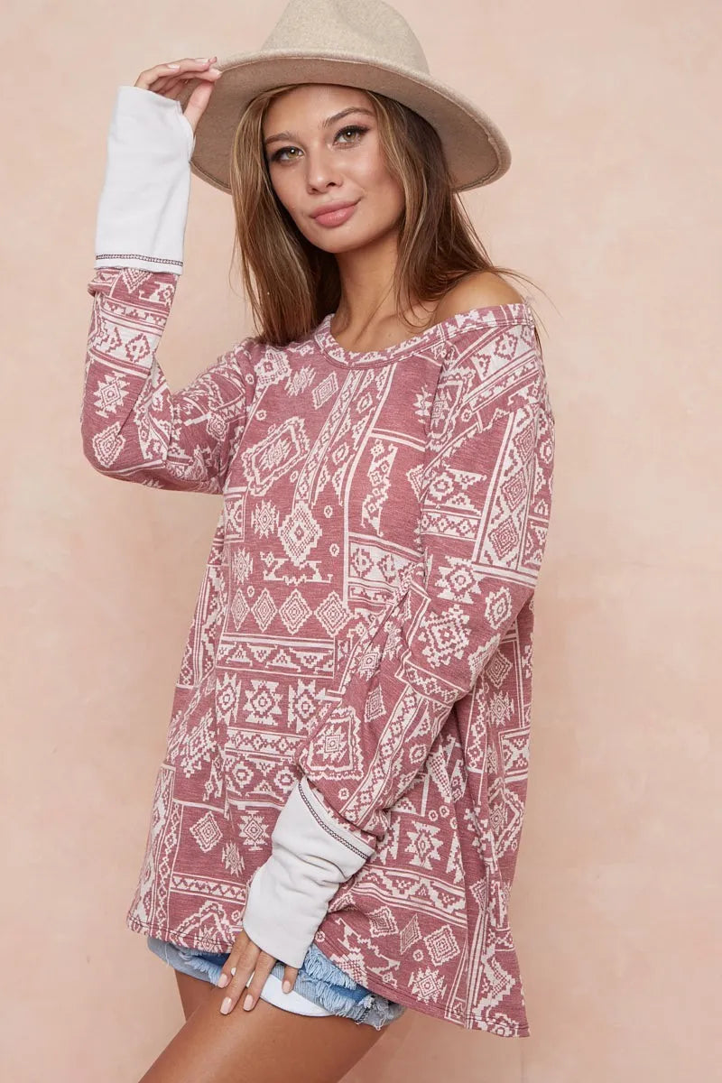 BiBi Aztec Print French Terry Top with Thumb Opening OutfitFlow