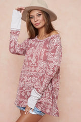 BiBi Aztec Print French Terry Top with Thumb Opening OutfitFlow