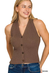 Zenana Ribbed Knit Button-Down Sweater Vest OutfitFlow
