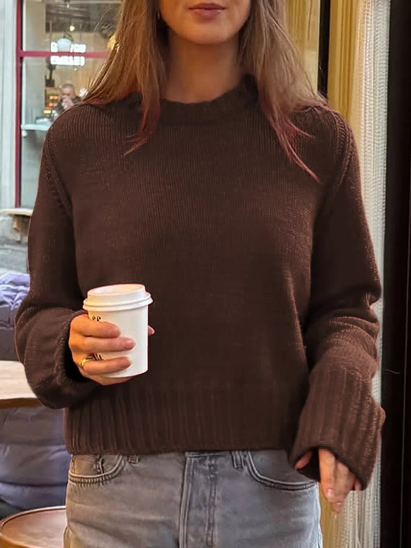Ribbed Round Neck Sweater Brown OutfitFlow