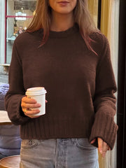Ribbed Round Neck Sweater Brown OutfitFlow