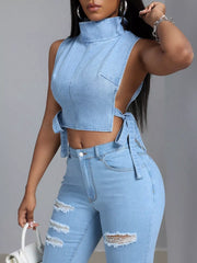 Sleeveless Cropped Denim Turtleneck Top with Side Tie Details OutfitFlow