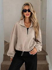 Drawstring Hem Textured Long Sleeve Jacket OutfitFlow