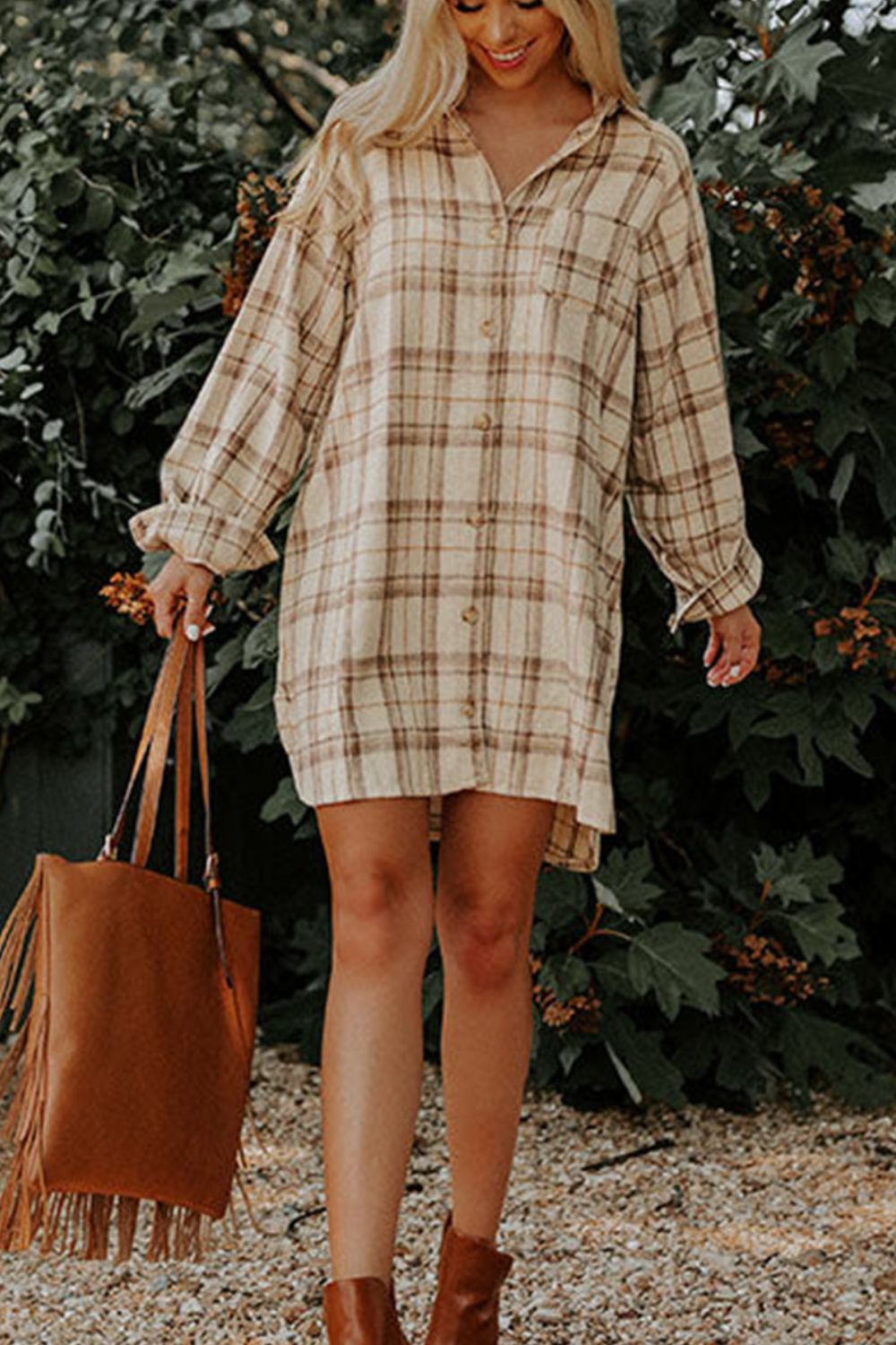 Plaid Collared Neck Long Sleeve Mini Shirt Dress