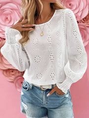 Eyelet Long Sleeve Blouse with Elastic Cuffs White OutfitFlow