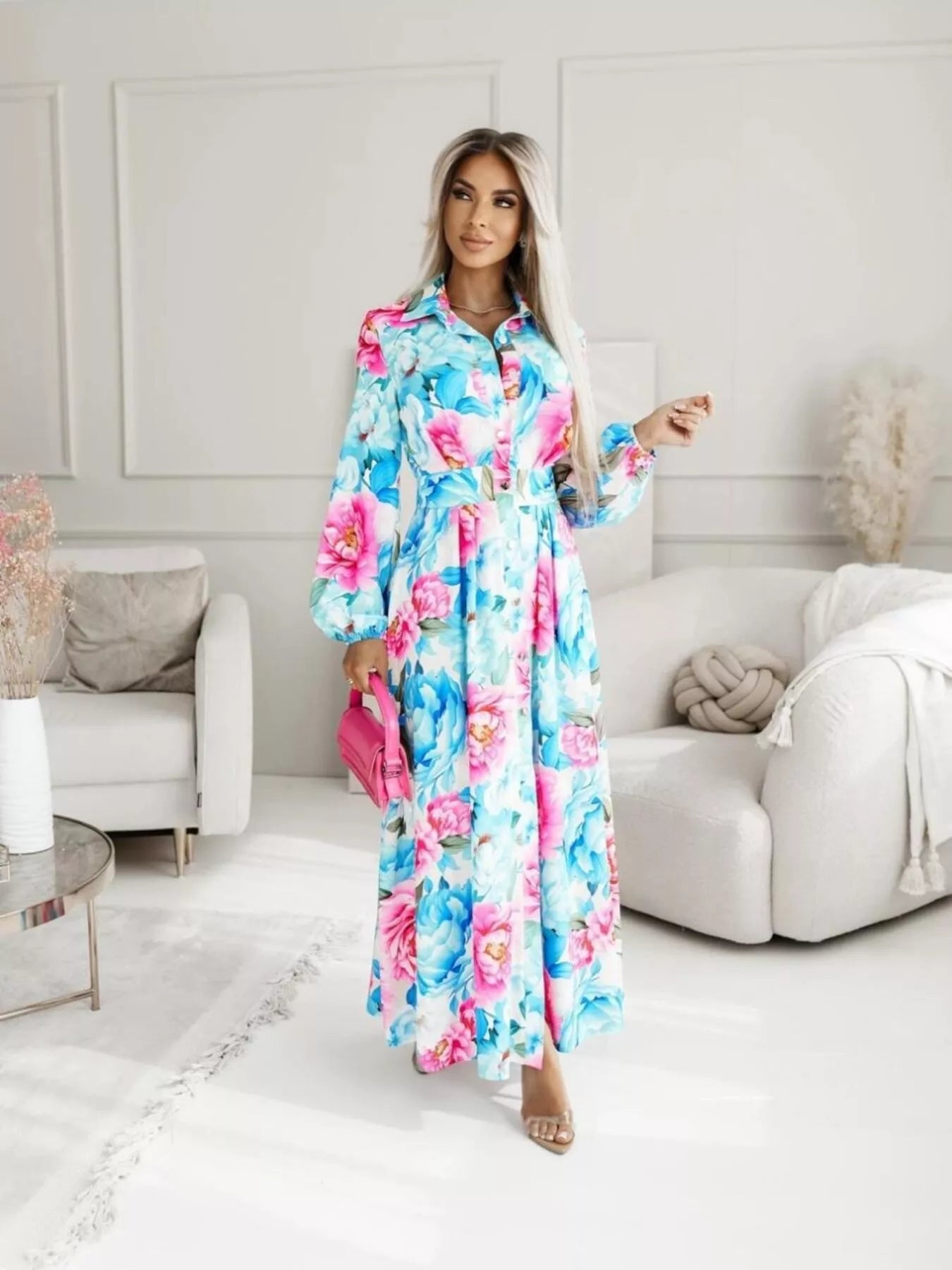 Printed Button Front Maxi Shirt Dress OutfitFlow