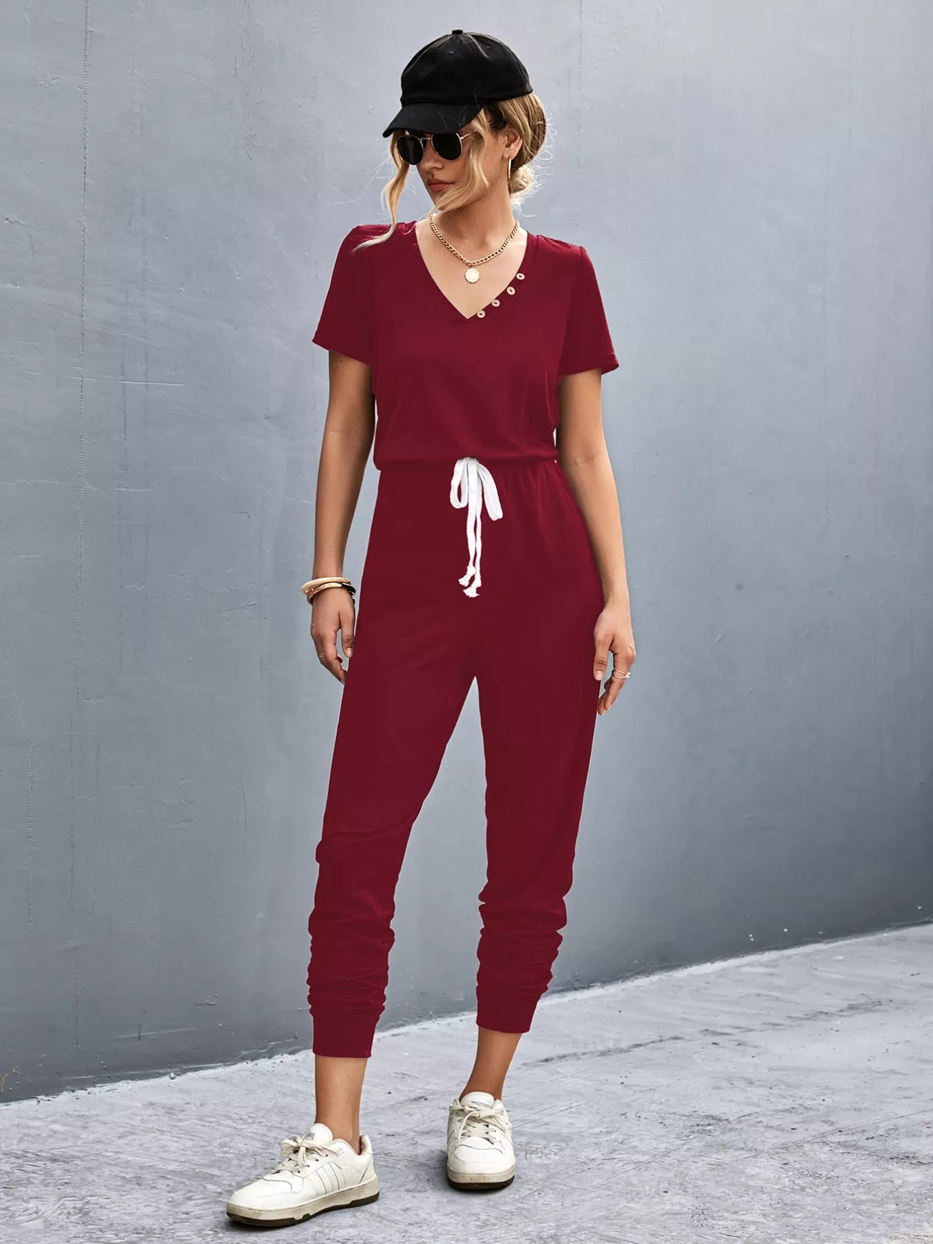 Casual V-Neck Short Sleeve Drawstring Waist Jumpsuit Trendsi