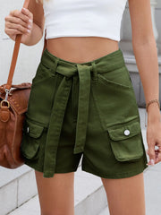 High Waist Belted Cargo Denim Shorts Army Green OutfitFlow