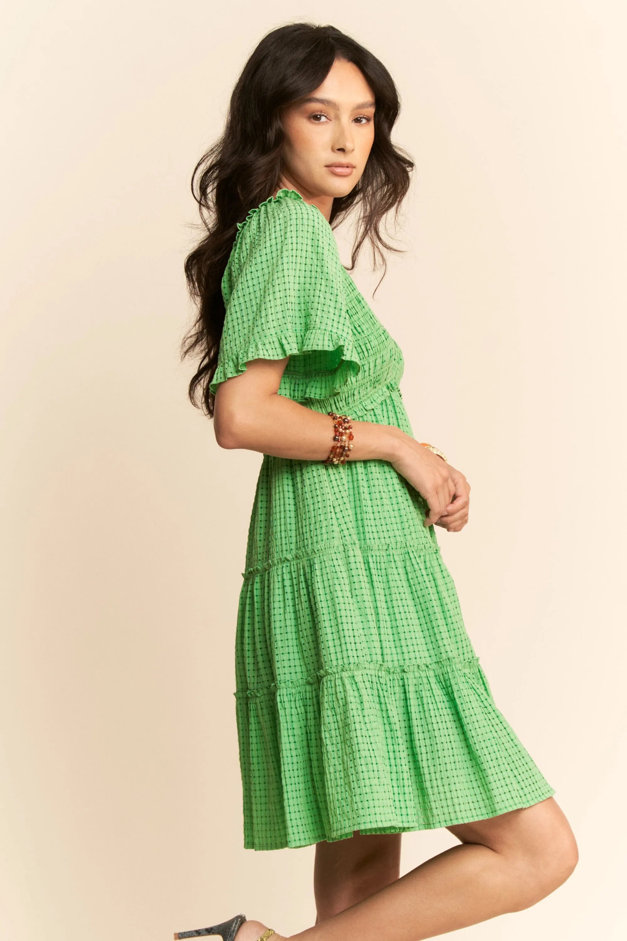 Davi & Dani Jacquard Checker Smocking Tiered Dress OutfitFlow