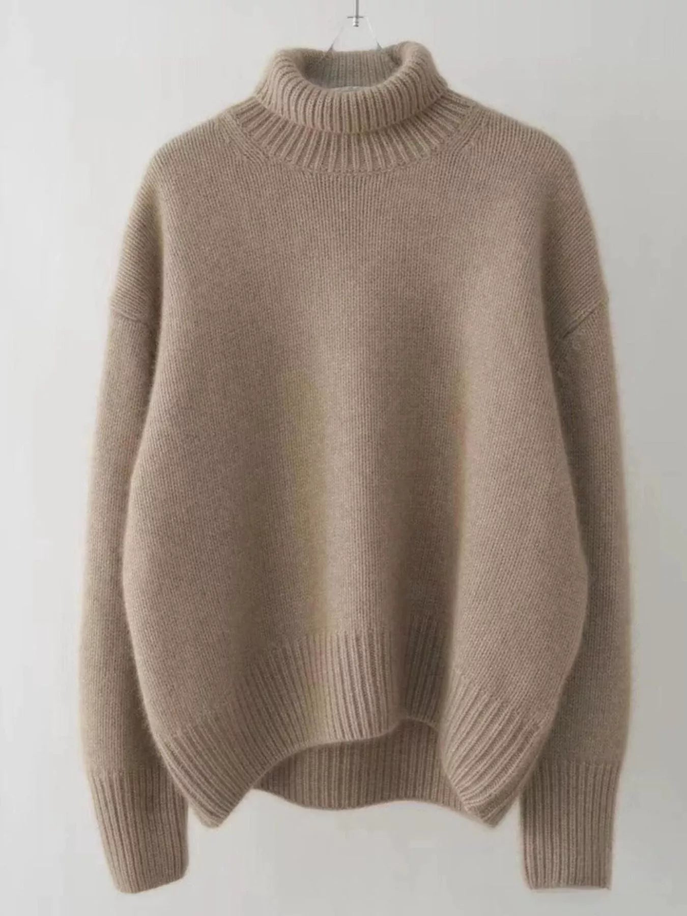 Turtleneck Dropped Shoulder Sweater Brown OutfitFlow