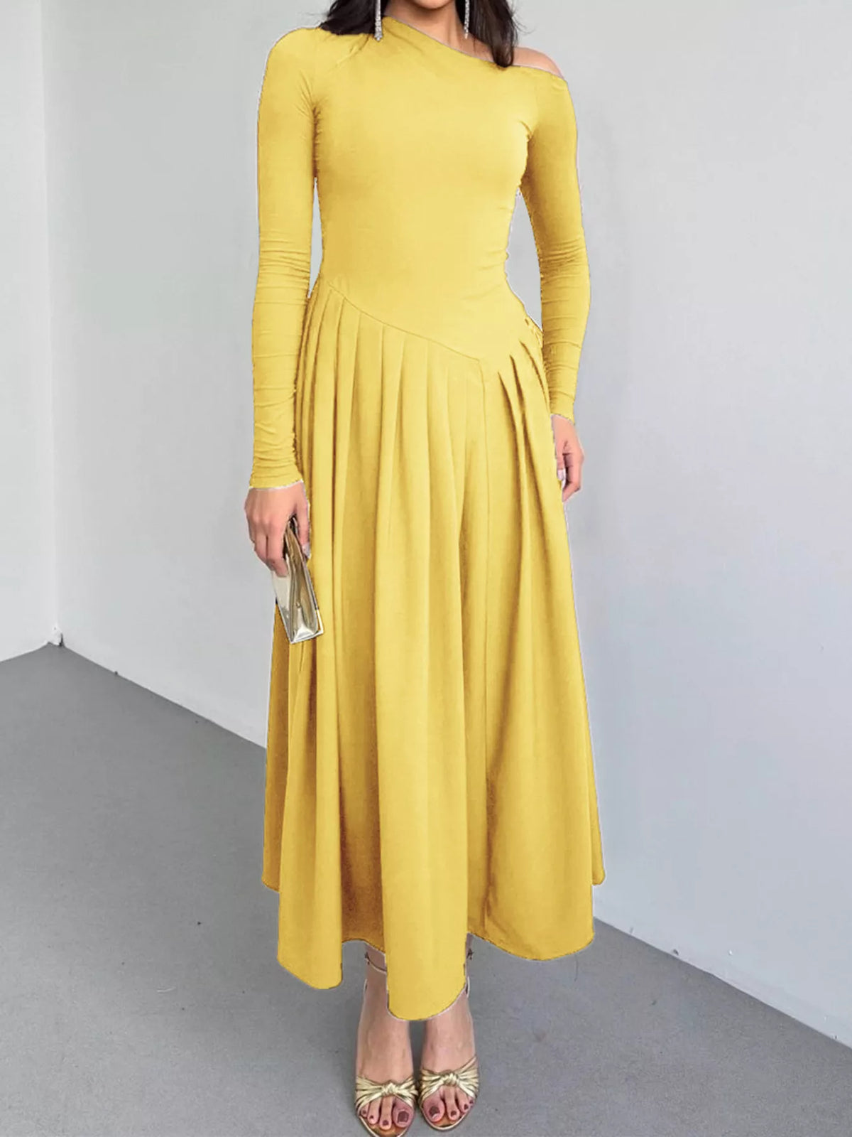 Ruched One Shoulder Long Sleeve Dress Yellow OutfitFlow