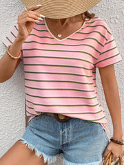 Striped Casual V-Neck T-Shirt OutfitFlow