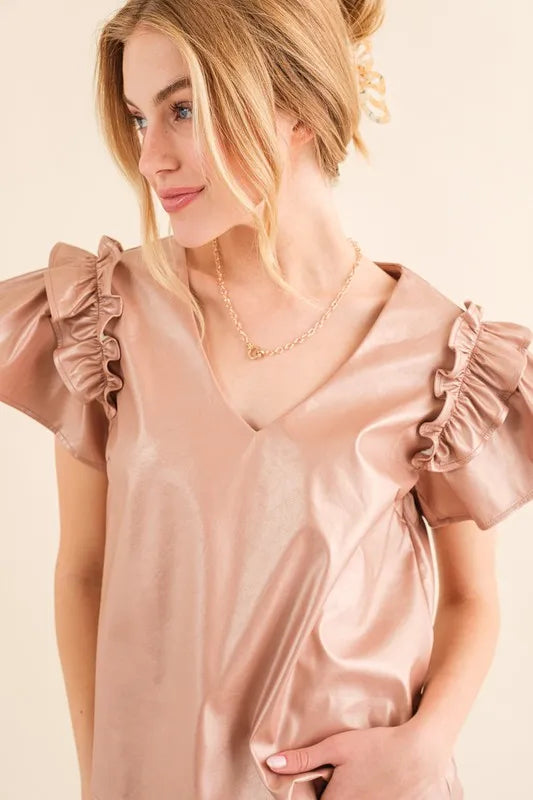 And The Why Faux Leather Ruffle Sleeves V Neck Top OutfitFlow