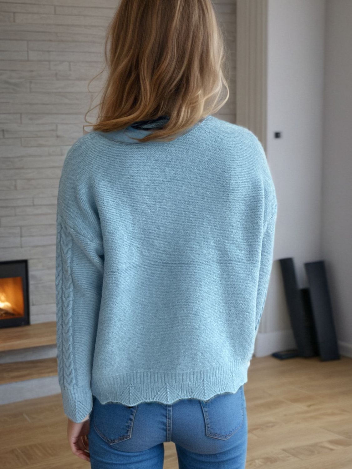 Outfit Flow - Cable-Knit Mock Neck Dropped Shoulder Sweater