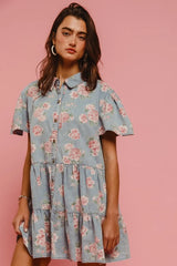 BiBi Floral Print Washed Lightweight Tiered Shirt Dress OutfitFlow