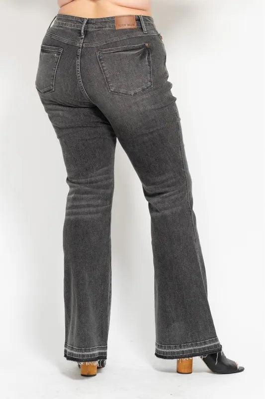Judy Blue Full Size Mid Rise Tummy Control Washed Gray Release Hem Flare Jeans Plus Size OutfitFlow