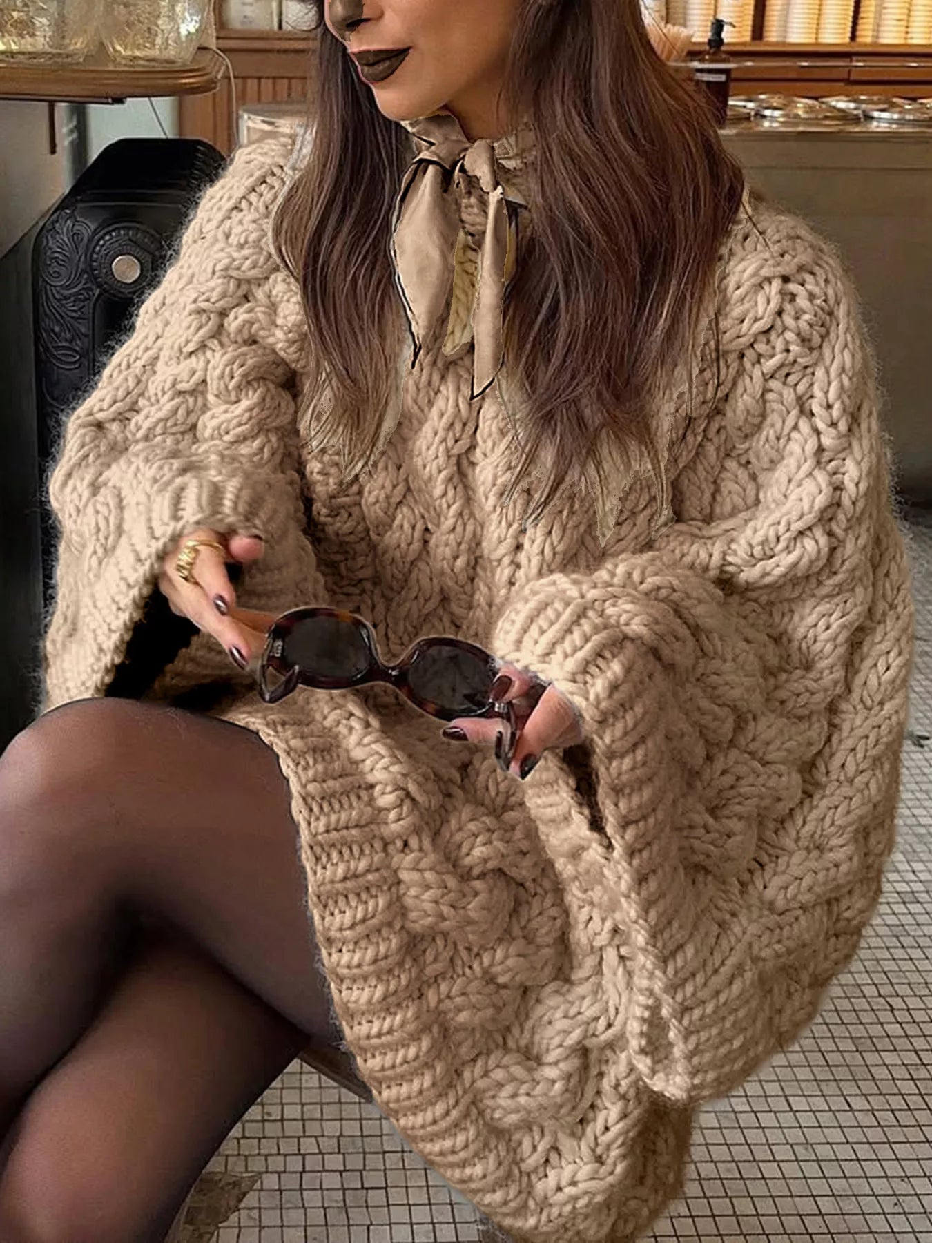 Cable Knit Round Neck Sweater Khaki OutfitFlow