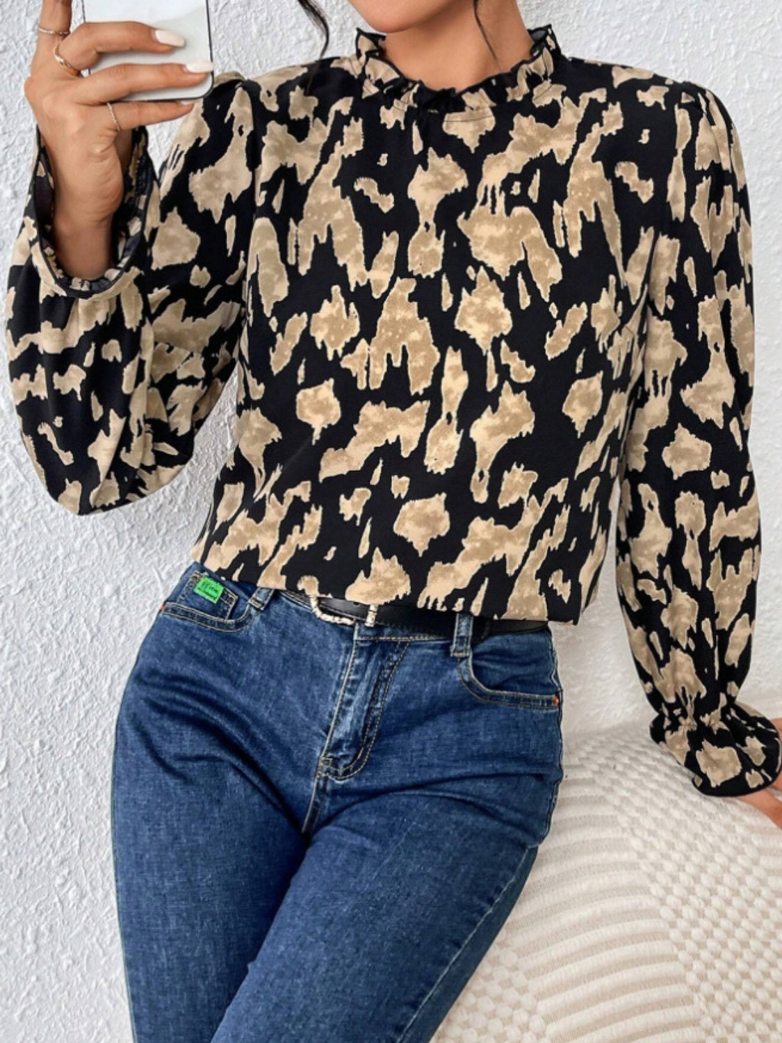 Frill Leopard Mock Neck Flounce Sleeve Blouse