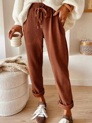 Casual Corduroy Drawstring Waist Pants Brown OutfitFlow