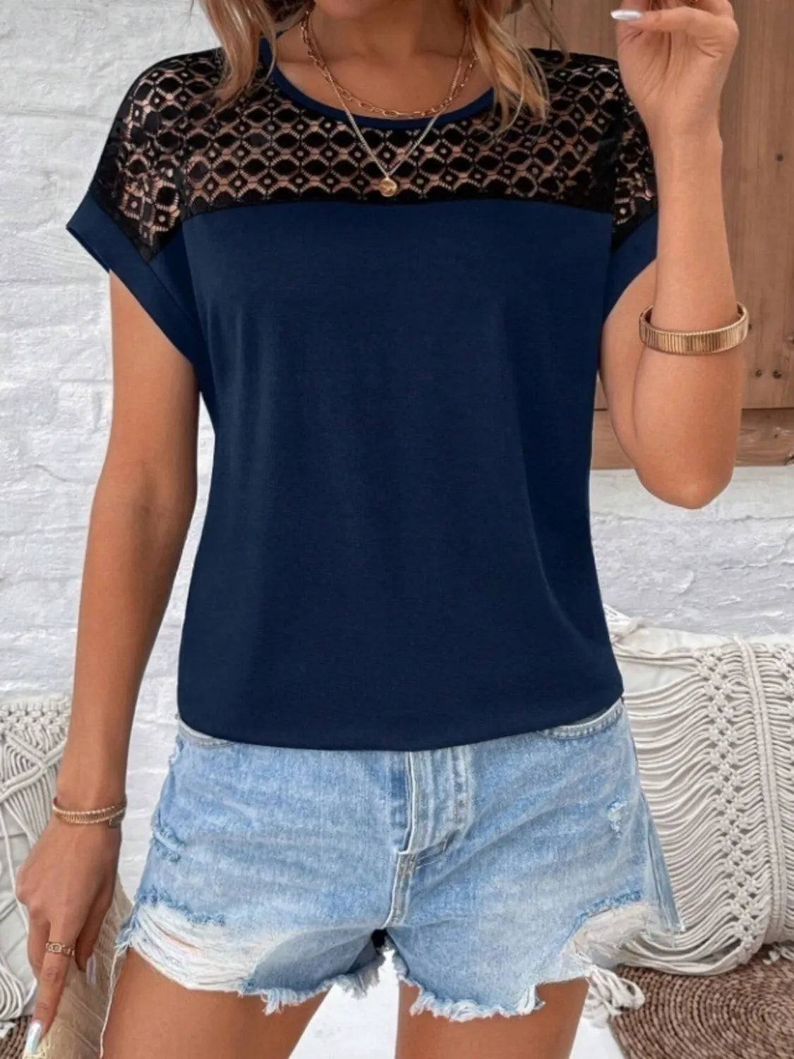 Lace Round Neck Short Sleeve T-Shirt OutfitFlow