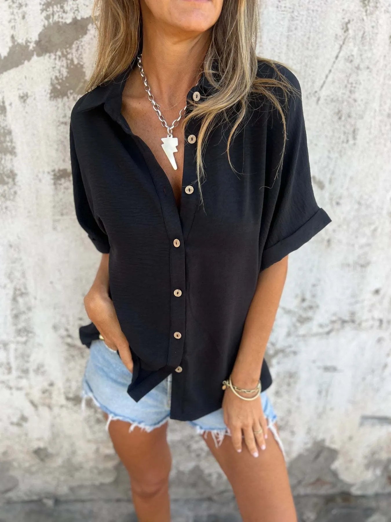Full Size Casual Button Down Short Sleeve Loose Shirt Plus Size Black OutfitFlow