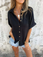 Full Size Casual Button Down Short Sleeve Loose Shirt Plus Size Black OutfitFlow