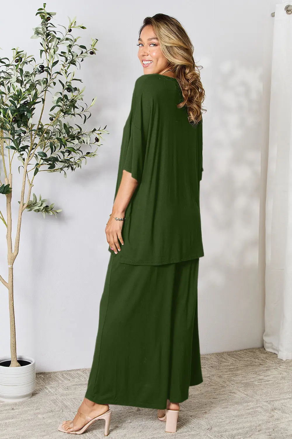 Double Take Full Size Round Neck Slit Top and Pants Set OutfitFlow
