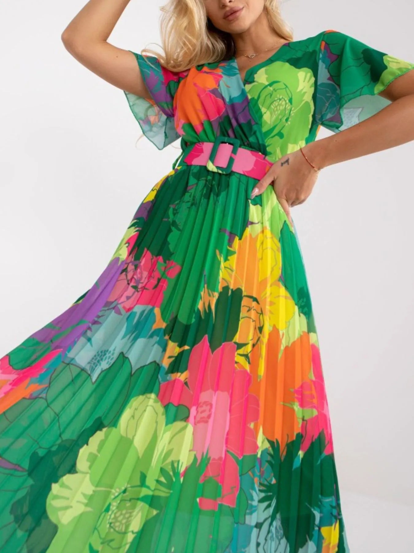 Printed Pleated Midi Wrap Dress with Belt OutfitFlow