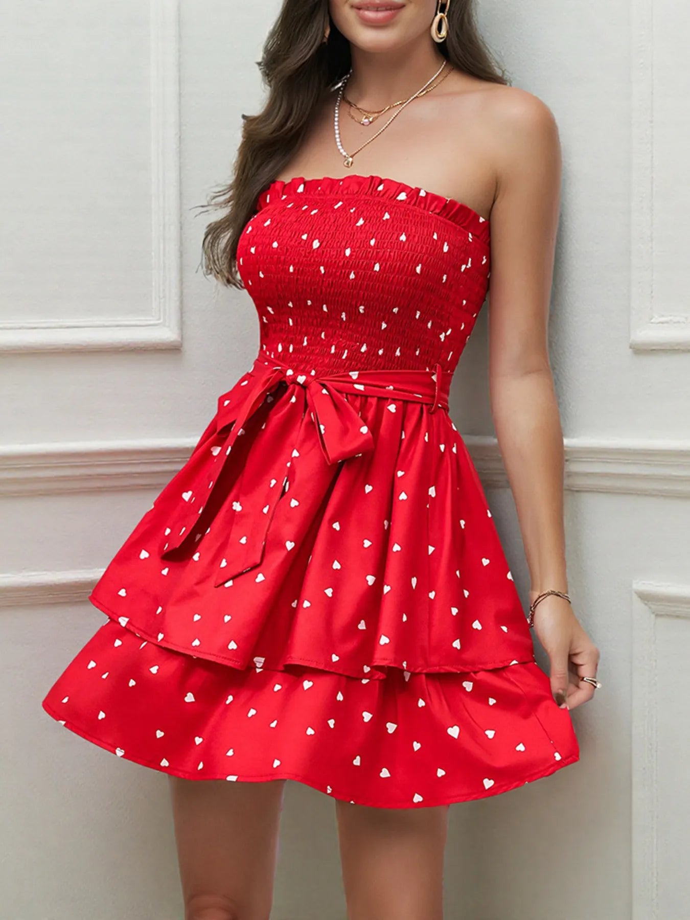 Smocked Heart Print Tube Dress OutfitFlow