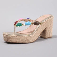 Toe Post Block Heels Sandals Apricot OutfitFlow
