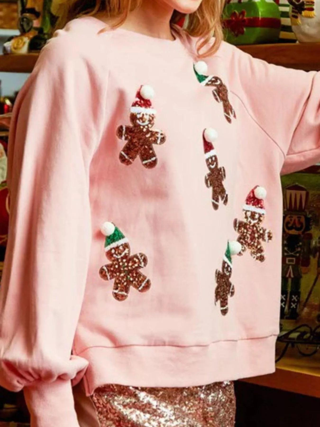 Christmas Sequin Gingerbread Round Neck Sweatshirt OutfitFlow
