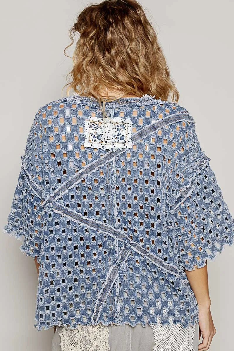 POL V-Neck Short Sleeve Top with Laser Cut Detail OutfitFlow